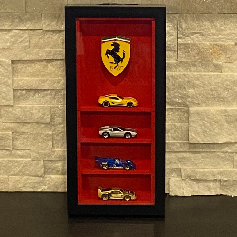 Hot Wheels Custom Ferrari display shadow box custom made w/ Rare Hot Wheels incl